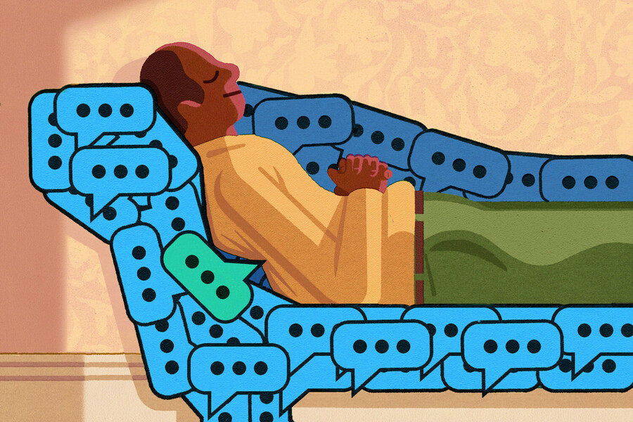 Illustration of man lying on a therapy couch made of speech bubbles. A cigarette carton lies under the couch.