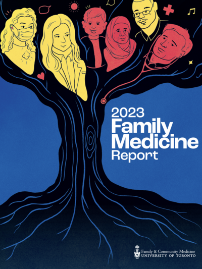 Illustration of doctors and patients in a tree with the text 2023 Family Medicine Report