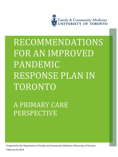 Recommendations for an Improved Pandemic Response Plan in Toronto Report (2009) cover